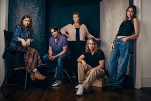 The cast of A Red Orchid Theatre's Chicago premiere of Heroes of the Fourth Turning includes (left to right) Magdalena Dalzell, Nate Santana, Ensemble Member Kirsten Fitzgerald, Beck Nolan and Isa Grofsorean.