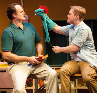 Eric Slater as Pastor Greg and Alex Weisman as Jason and puppet Tyrone in Victory Gardens Theater's Hand to God