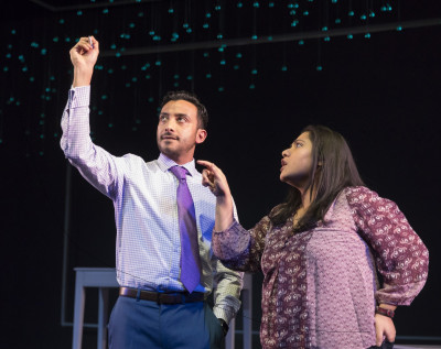 Priya Mohanty is Samantha and Adam Poss is Arvind in Madhuri Shekar’s Queen, playing at Victory Gardens Theatre.