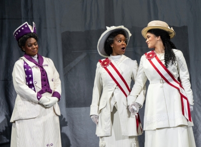 Danyel Fulton (Ida B. Wells), Trisha Jeffrey (Mary Church Terrell), and Victoria Pekel (Phyllis Terrell) in the First National Touring Company of SUFFS.
