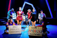 (Center, l to r) Amanda Horvath and Courtney Mack with (l to r) Genevieve Perrino, Vasily Deris, Caleb Baze, Graham Hawley and Mari Uchida in Underscore Theatre Company’s Chicago premiere of TONYA AND NANCY: THE ROCK OPERA.