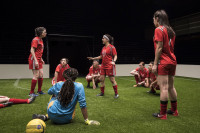 The cast of The Wolves by Sarah DeLappe, directed by Vanessa Stalling at Goodman Theatre (February 9–March 11, 2018).