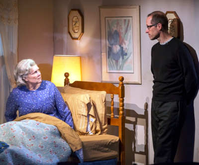 Debra Monk as Edna and Tim Hopper as her cancer in Steppenwolf Theatre's production of Visiting Edna directed by Anna Shapiro.