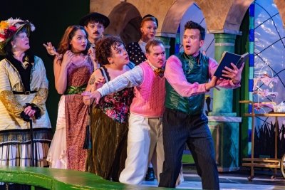 (left to right) Barbara Zahora, Aurora Pennepacker, Gabriel Armstrong, Sonia Goldberg, Jodi Gage, August Foreman and Chad Bay in The Importance of Earnest at Austin Gardens as part of Oak Park Festival Theatre's 51st season.