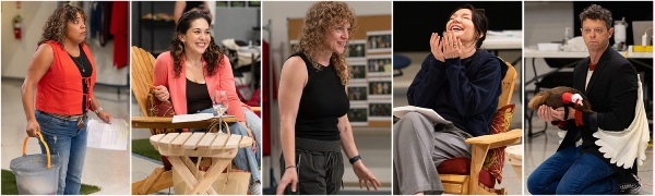 Pictured: Wendy Mateo, Sadieh Rifai, ensemble member Caroline Neff, Katrina Lenk and David Darrow in rehearsal for Steppenwolf Theatre's world premiere of "Adirondack Chair Circle."