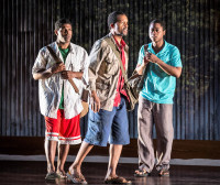 Breon Arzell (Zaza Workolo), Allen Gilmore (John Workolo) and Daniel Kyri (Shedrick Yarkpai) in the world premiere of Charles Smith’s Objects in the Mirror, directed by Chuck Smith at Goodman Theatre