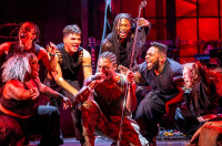 (L-R) Kendal Marie Wilson, AJ Paramo, Christopher Kelley, Aaron JamesMcKenzie, Jarais Musgrove, Eric A. Lewis and Haley Gustafson in Revolution(s) at Goodman Theatre.